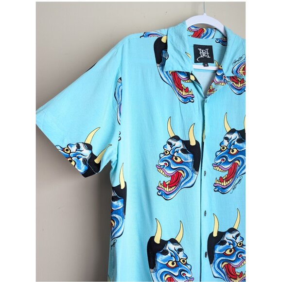 ED HARDY Oni Mask Devil Face Camp Shirt Button Down Short Sleeve Shirt - Picture 4 of 10
